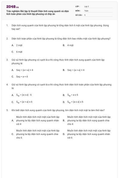 Trắc nghiệm Bài tập lý thuyết Diện tích xung quanh và diện tích toàn phần của hình lập phương có đáp án