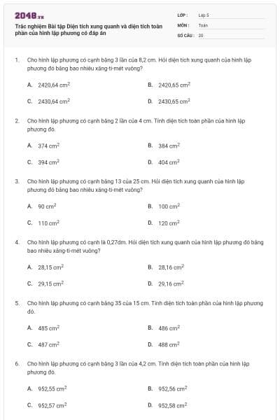 Trắc nghiệm Bài tập Diện tích xung quanh và diện tích toàn phần của hình lập phương có đáp án