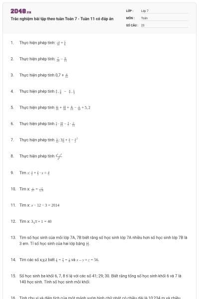 Trắc nghiệm bài tập theo tuần Toán 7 - Tuần 11 có đáp án