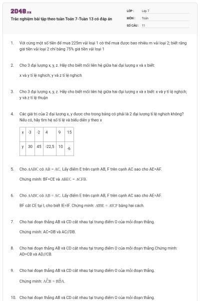 Trắc nghiệm bài tập theo tuần Toán 7-Tuần 13 có đáp án