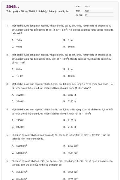 Trắc nghiệm Bài tập Thể tích hình hộp chữ nhật có đáp án