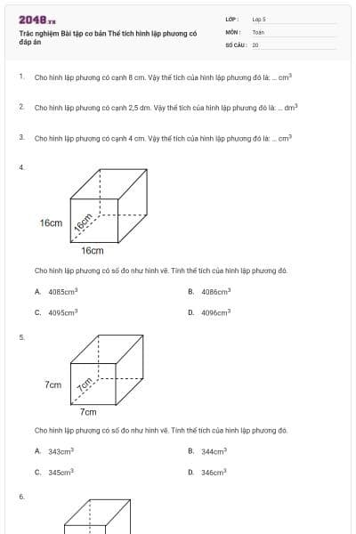 Trắc nghiệm Bài tập cơ bản Thể tích hình lập phương có đáp án