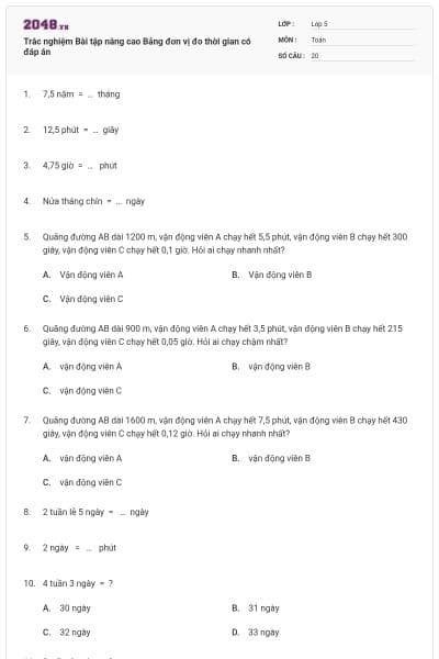 Trắc nghiệm Bài tập nâng cao Bảng đơn vị đo thời gian có đáp án