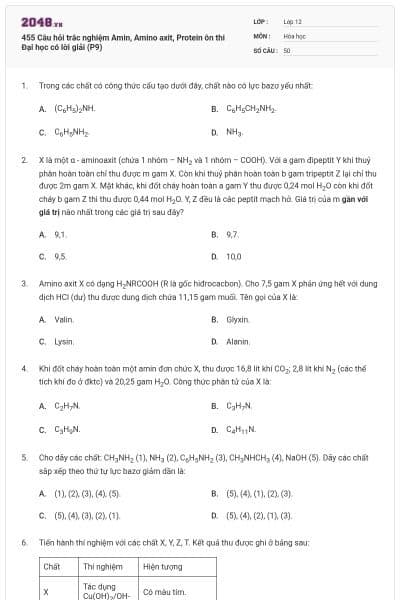 455 Câu hỏi trắc nghiệm Amin, Amino axit, Protein ôn thi Đại học có lời giải (P9)