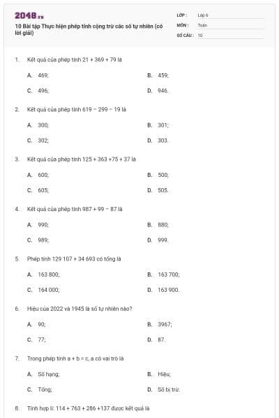 10 Bài tập Thực hiện phép tính cộng trừ các số tự nhiên (có lời giải)