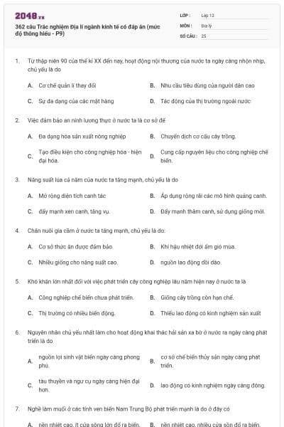 362 câu Trắc nghiệm Địa lí ngành kinh tế có đáp án (mức độ thông hiểu - P9)