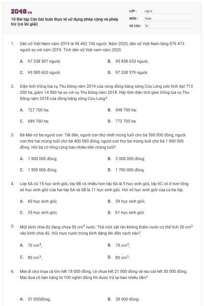 10 Bài tập Các bài toán thực tế sử dụng phép cộng và phép trừ (có lời giải)