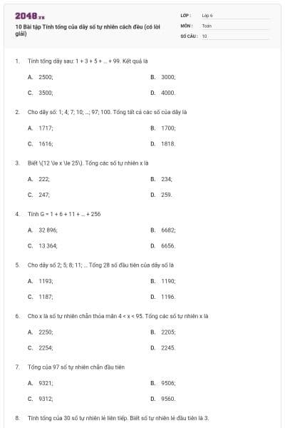 10 Bài tập Tính tổng của dãy số tự nhiên cách đều (có lời giải)