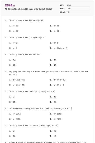 10 Bài tập Tìm số chưa biết trong phép tính (có lời giải)