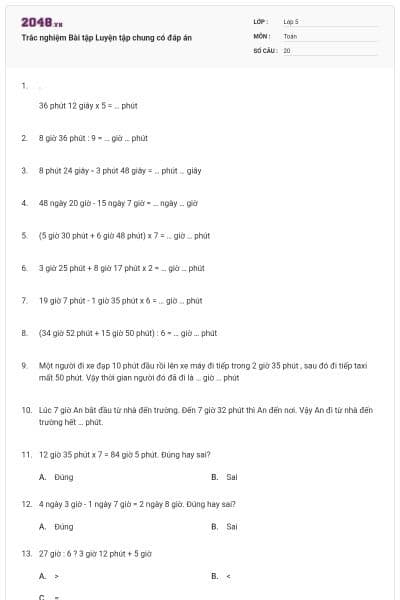 Trắc nghiệm Bài tập Luyện tập chung có đáp án