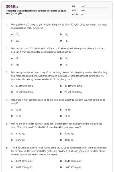 10 Bài tập Các bài toán thực tế sử dụng phép nhân và phép chia (có lời giải)