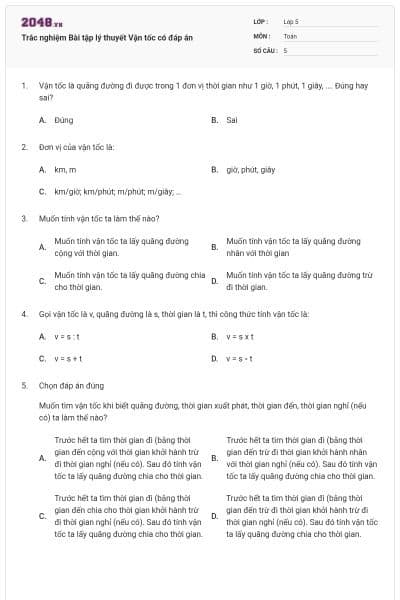 Trắc nghiệm Bài tập lý thuyết Vận tốc có đáp án