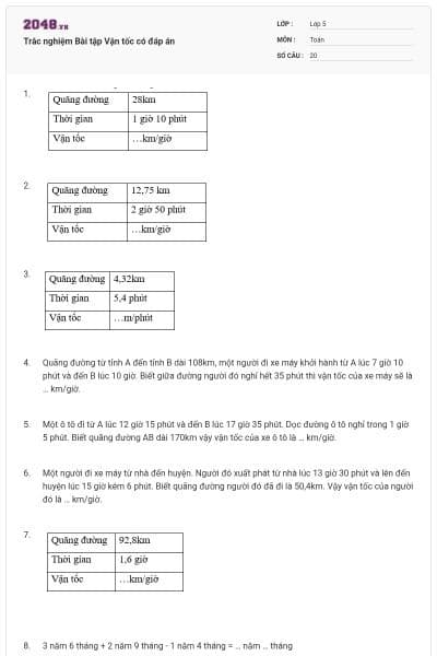 Trắc nghiệm Bài tập Vận tốc có đáp án