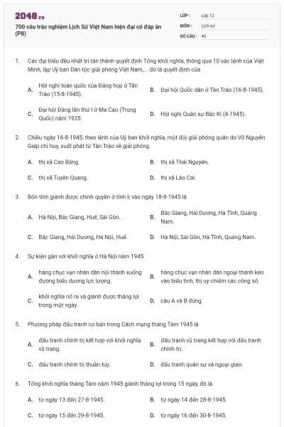 700 câu trắc nghiệm Lịch Sử Việt Nam hiện đại có đáp án (P8)