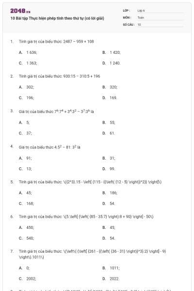 10 Bài tập Thực hiện phép tính theo thứ tự (có lời giải)