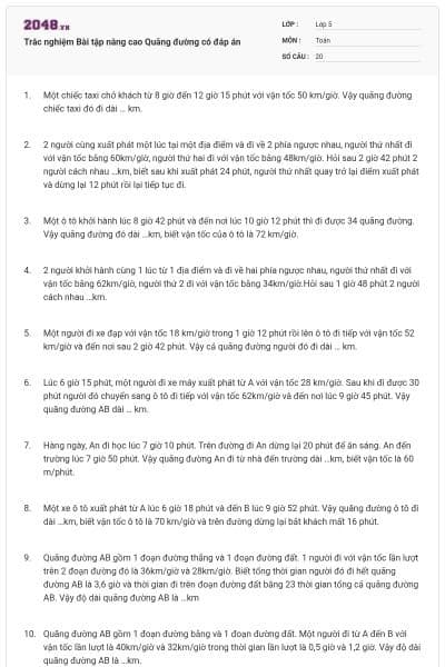 Trắc nghiệm Bài tập nâng cao Quãng đường có đáp án