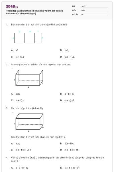 10 Bài tập Lập biểu thức có chứa chữ và tính giá trị biểu thức có chứa chữ (có lời giải)