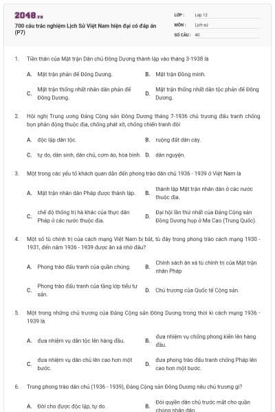 700 câu trắc nghiệm Lịch Sử Việt Nam hiện đại có đáp án (P7)