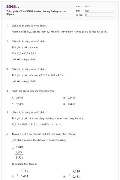 Trắc nghiệm Toán 5 Bài kiểm tra chương 2 nâng cao có đáp án