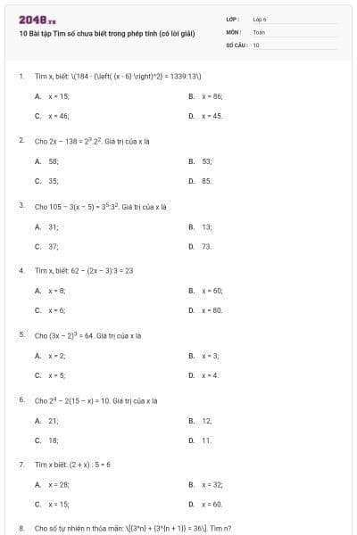 10 Bài tập Tìm số chưa biết trong phép tính (có lời giải)