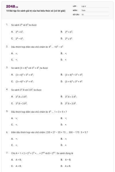 10 Bài tập So sánh giá trị của hai biểu thức số (có lời giải)