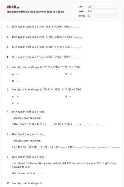 Trắc nghiệm Bài tập nâng cao Phép cộng có đáp án