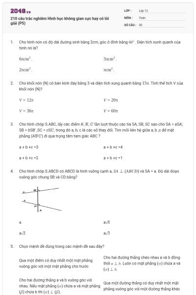 210 câu trắc nghiêm Hình học không gian cực hay có lời giải (P5)