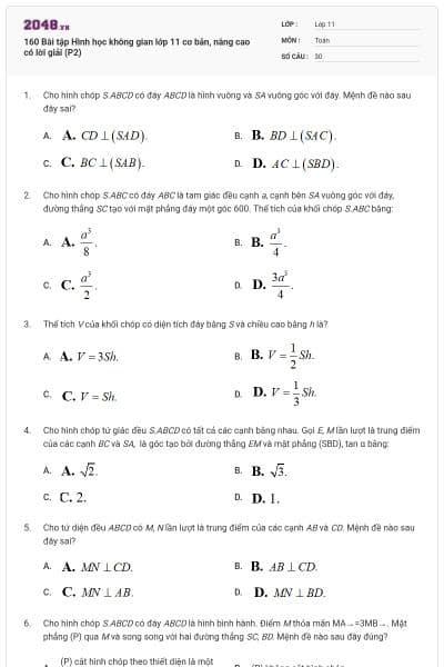 160 Bài tập Hình học không gian lớp 11 cơ bản, nâng cao có lời giải (P2)