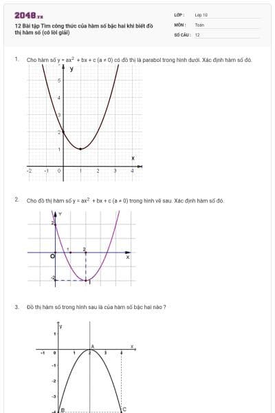 12 Bài tập Tìm công thức của hàm số bậc hai khi biết đồ thị hàm số (có lời giải)