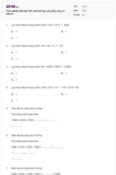 Trắc nghiệm Bài tập Tính chất kết hợp của phép cộng có đáp án