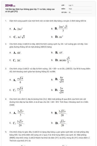 160 Bài tập Hình học không gian lớp 11 cơ bản, nâng cao có lời giải (P3)