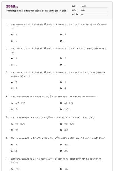 10 Bài tập Tính độ dài đoạn thẳng, độ dài vectơ (có lời giải)