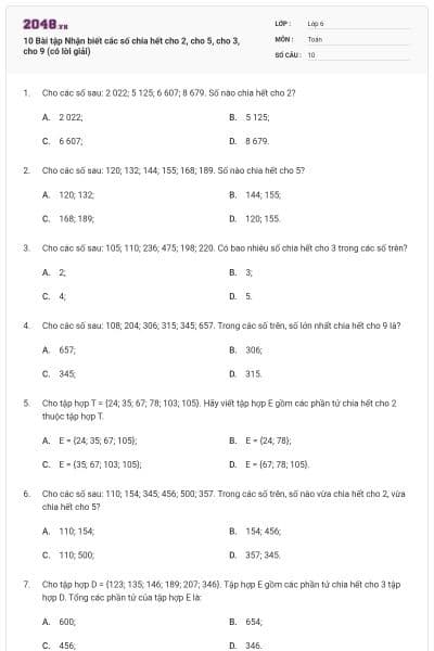 10 Bài tập Nhận biết các số chia hết cho 2, cho 5, cho 3, cho 9 (có lời giải)