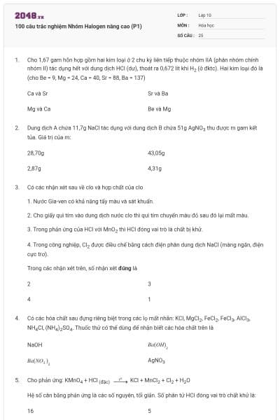 100 câu trắc nghiệm Nhóm Halogen nâng cao (P1)