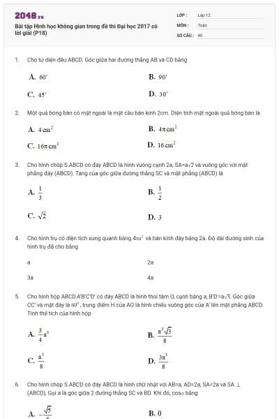Bài tập Hình học không gian trong đề thi Đại học 2017 có lời giải (P18)
