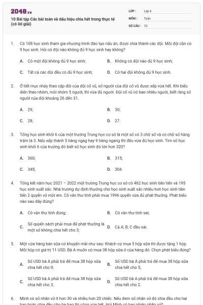 10 Bài tập Các bài toán về dấu hiệu chia hết trong thực tế (có lời giải)