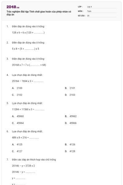 Trắc nghiệm Bài tập Tính chất giao hoán của phép nhân có đáp án