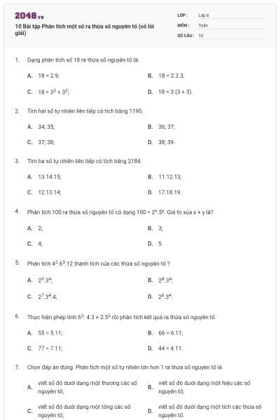10 Bài tập Phân tích một số ra thừa số nguyên tố (có lời giải)