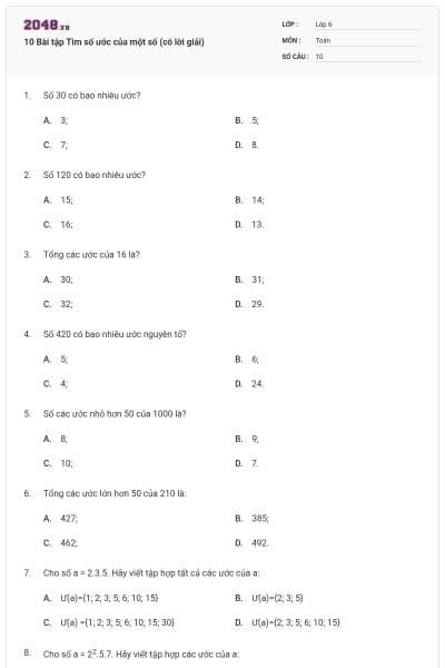 10 Bài tập Tìm số ước của một số (có lời giải)