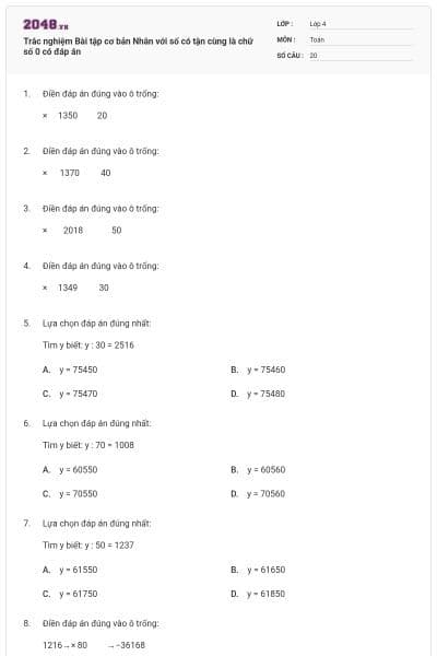 Trắc nghiệm Bài tập cơ bản Nhân với số có tận cùng là chữ số 0 có đáp án