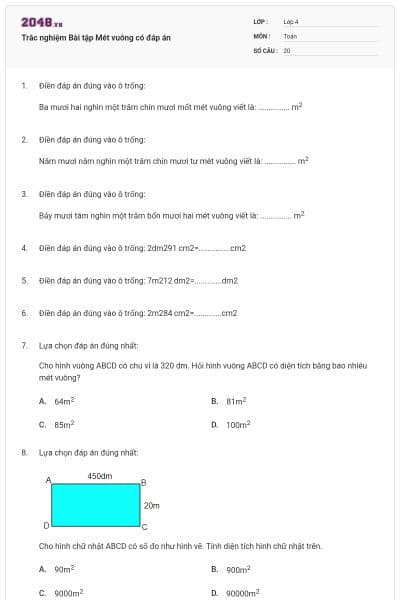 Trắc nghiệm Bài tập Mét vuông có đáp án