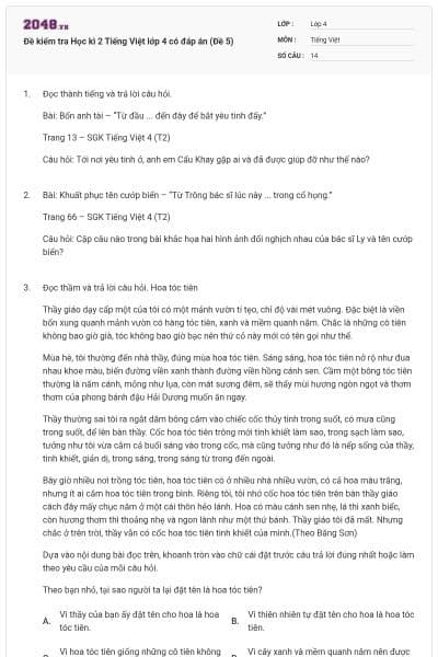 Đề kiểm tra Học kì 2 Tiếng Việt lớp 4 có đáp án (Đề 5)