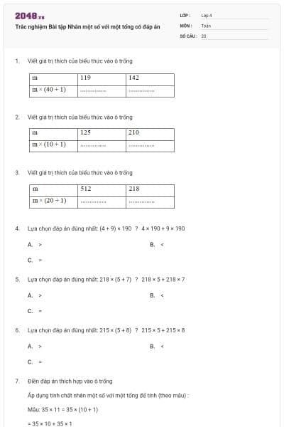Trắc nghiệm Bài tập Nhân một số với một tổng có đáp án