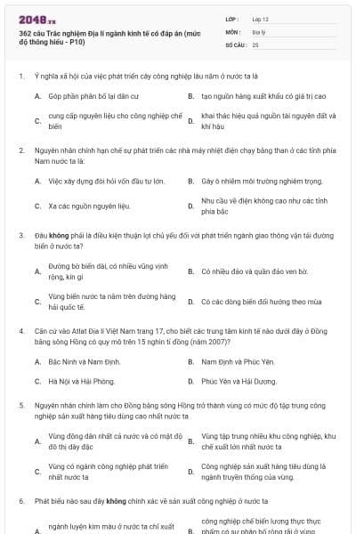 362 câu Trắc nghiệm Địa lí ngành kinh tế có đáp án (mức độ thông hiểu - P10)