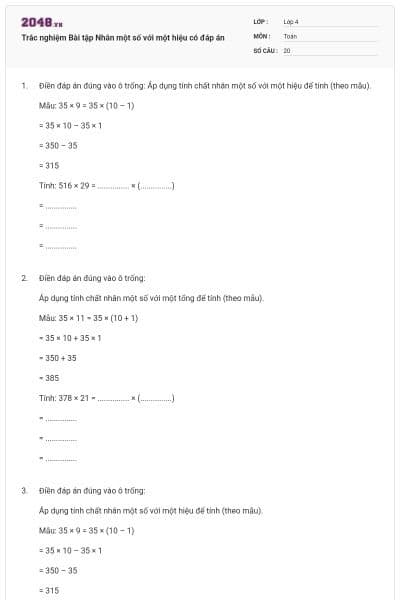 Trắc nghiệm Bài tập Nhân một số với một hiệu có đáp án