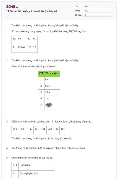 14 Bài tập Xét tính hợp lí của dữ liệu (có lời giải)