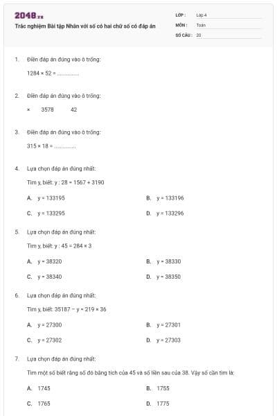 Trắc nghiệm Bài tập Nhân với số có hai chữ số có đáp án