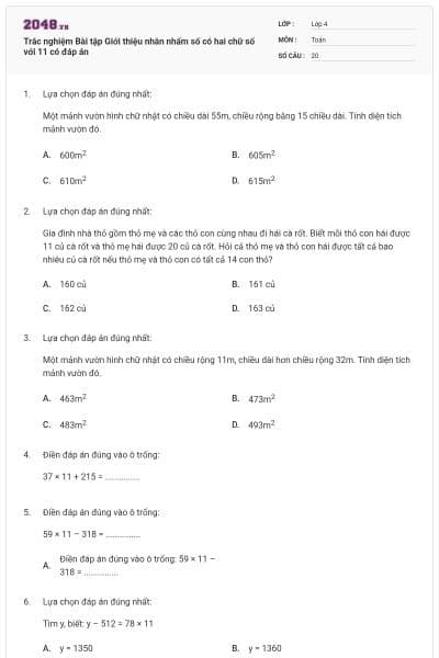 Trắc nghiệm Bài tập Giới thiệu nhân nhẩm số có hai chữ số với 11 có đáp án