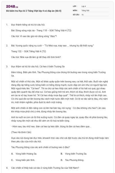 Đề kiểm tra Học kì 2 Tiếng Việt lớp 4 có đáp án (Đề 8)