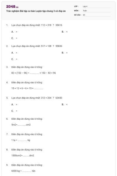 Trắc nghiệm Bài tập cơ bản Luyện tập chung 3 có đáp án